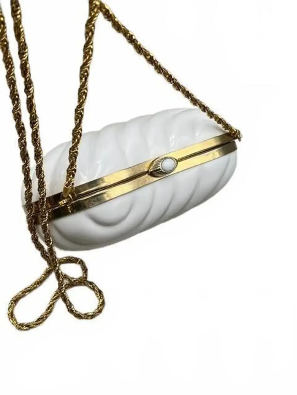 Vintage Made In Italy White Shell Minaudière Clutch Hardcase Gold Rope Chain Bag